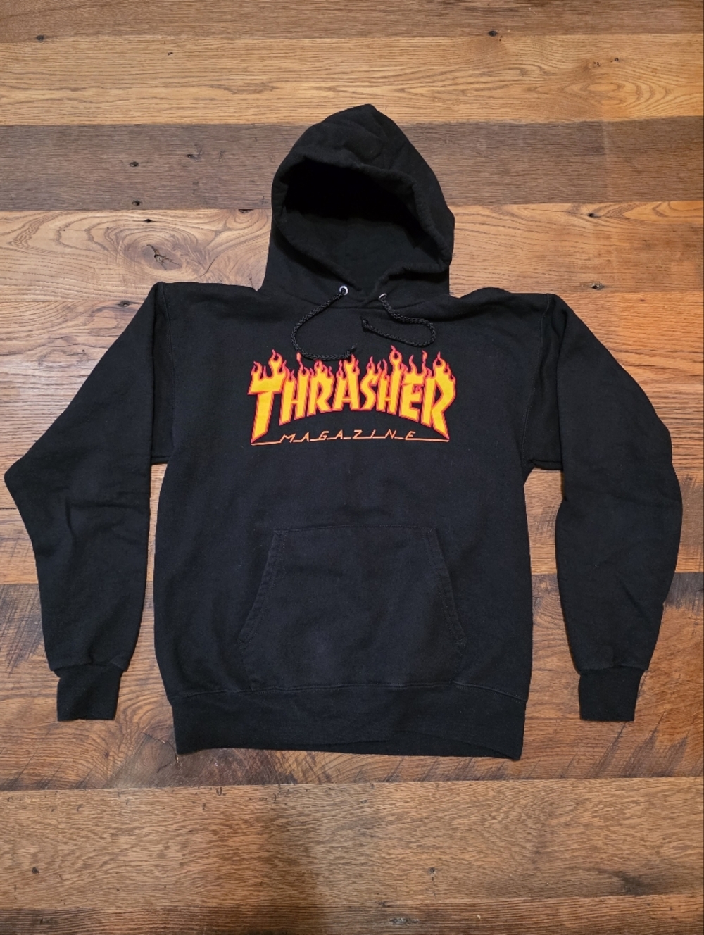 Thrasher Black Hoodie with Red and Yellow Flame Logo Mens Small
